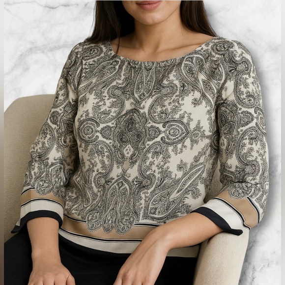Talbots Tops - Talbots Silky Black White Tan Paisley Boho Floral Print Blouse Top Size 2P